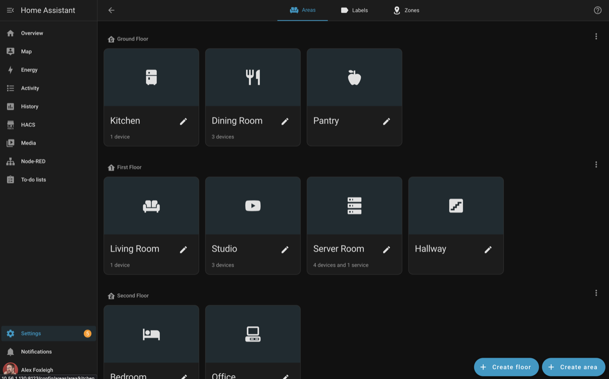 Home Assistant areas and floors configuration screen