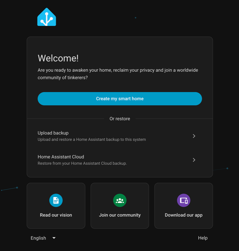 Home Assistant onboarding screen with the Create My Smart Home button