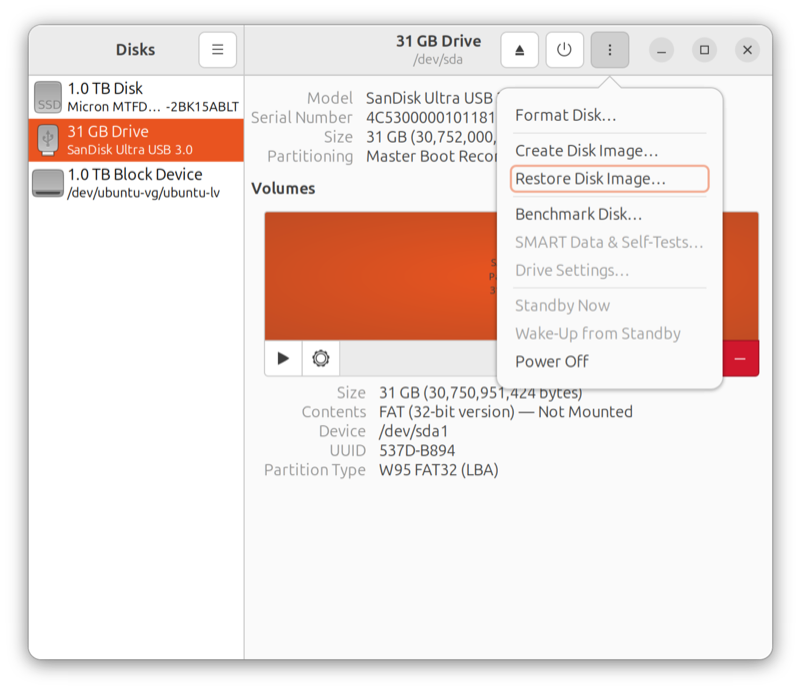 Ubuntu Disks app showing the Restore Disk Image option