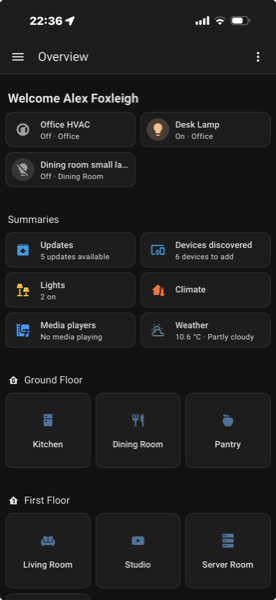 Home Assistant companion app showing device controls