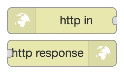 The http in and http response nodes in the Node-RED palette