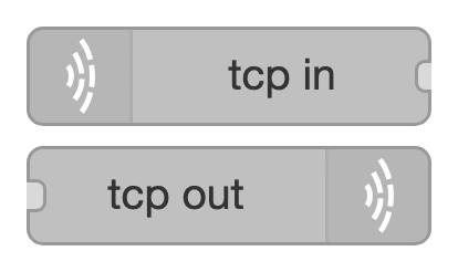 The tcp in and tcp out nodes in the Node-RED palette