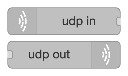 The udp in and udp out nodes in the Node-RED palette