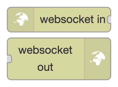 The websocket in and websocket out nodes in the Node-RED palette
