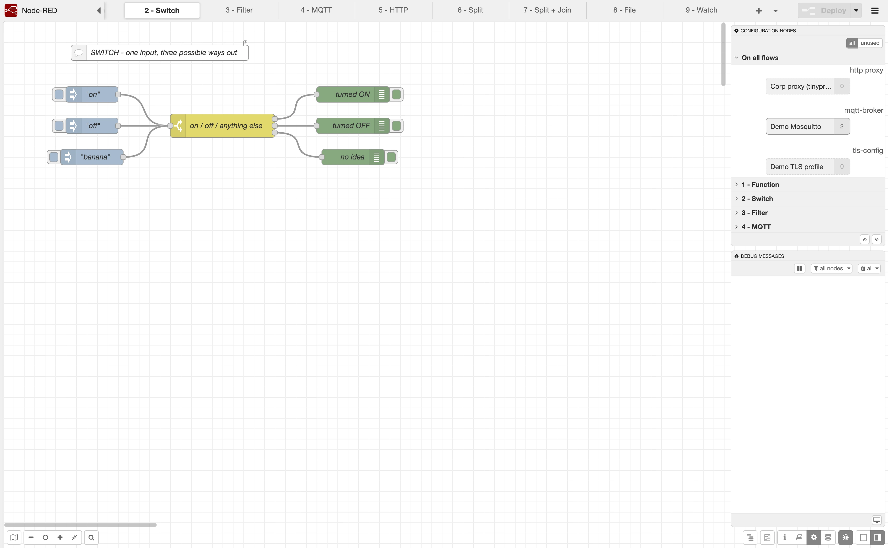 The Node-RED editor with the nine numbered showcase flows imported