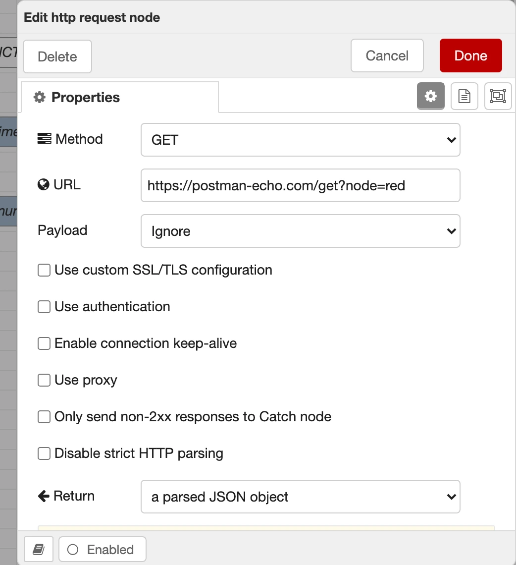 Configuring the HTTP request node