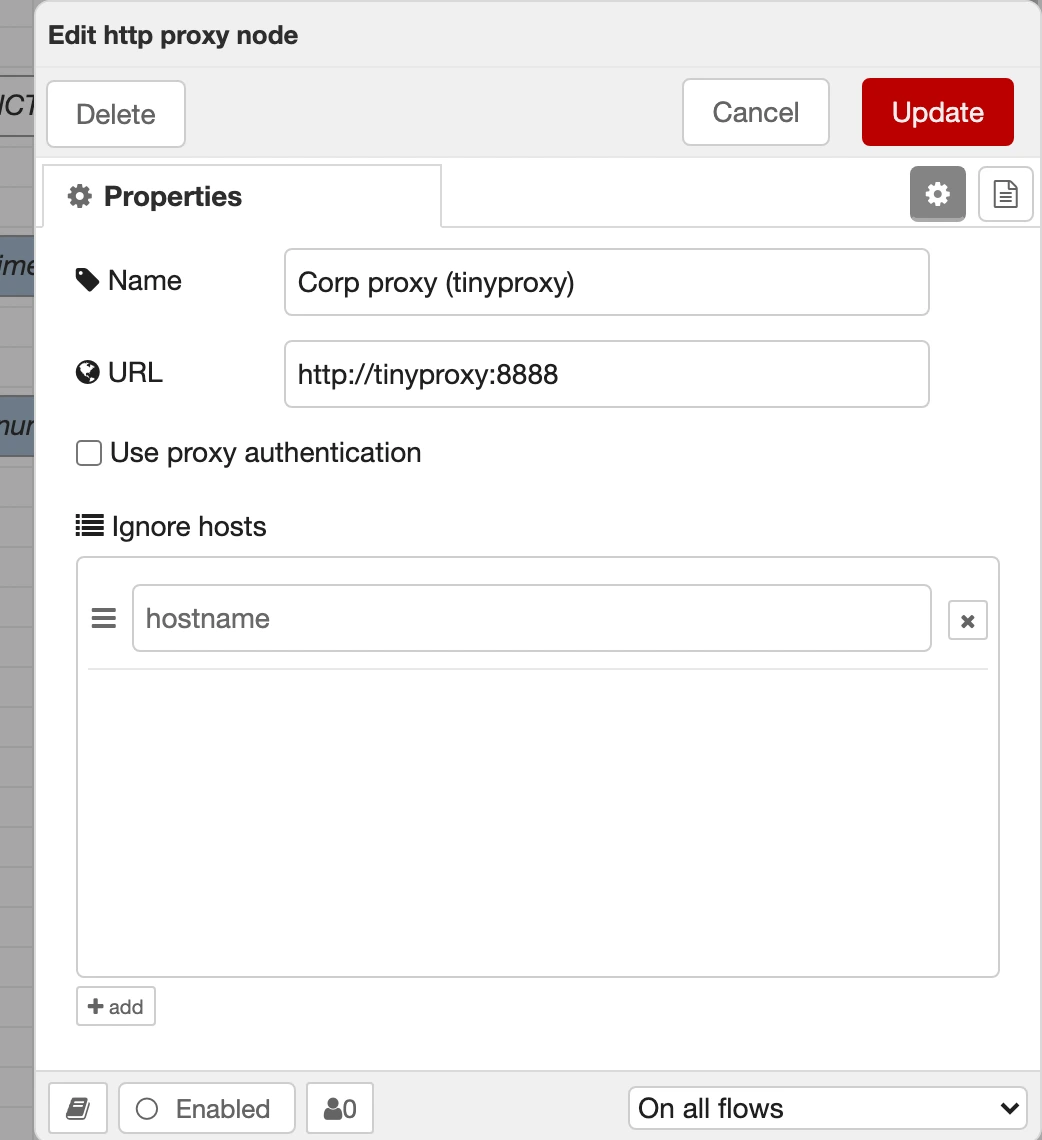 The HTTP proxy configuration node