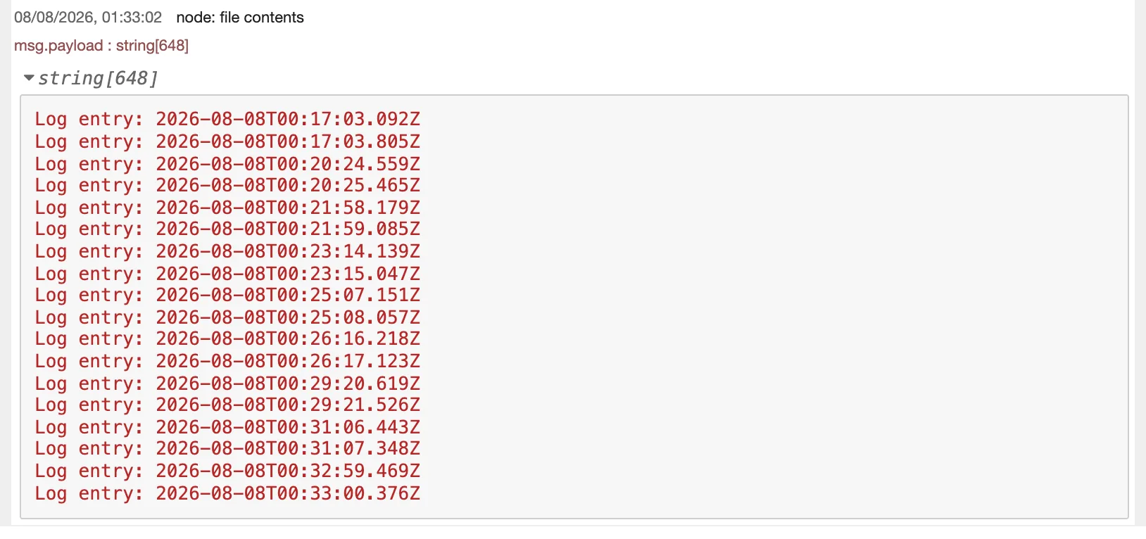 Debug output showing the accumulated log file contents