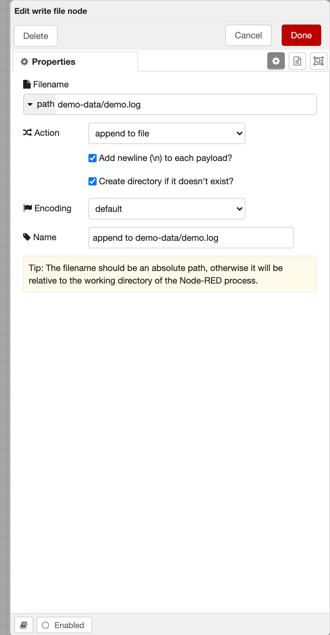 Configuring the write file node in append mode