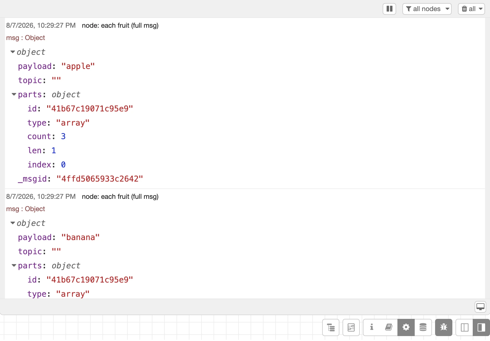 Debug output showing three separate messages with msg.parts expanded