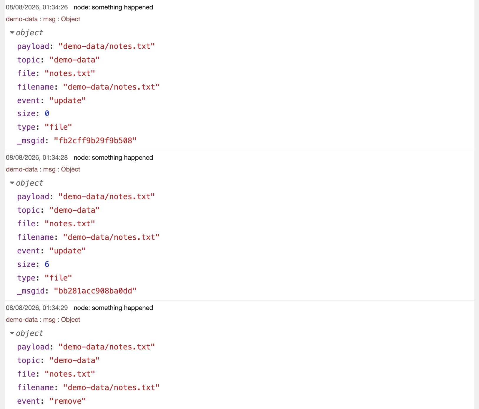 Debug output showing filesystem events
